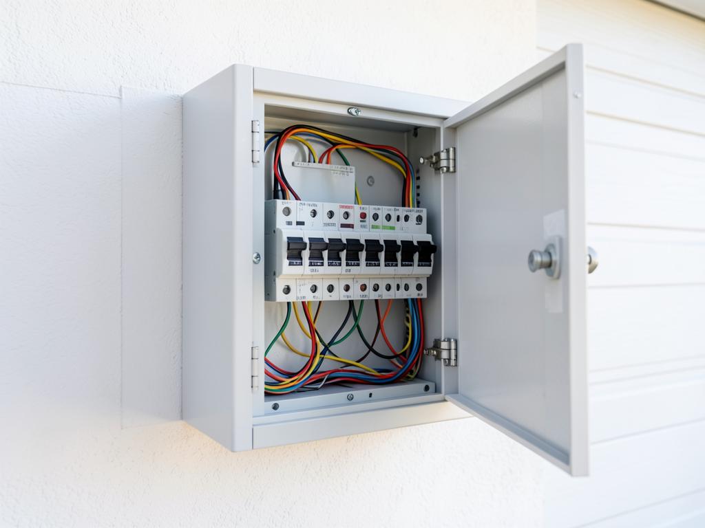 Modern residential electrical breaker panel with the door open and organized circuit wiring