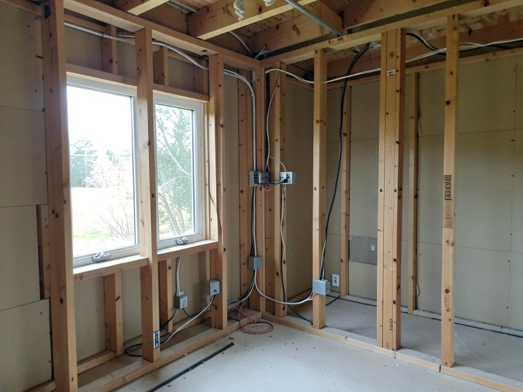 New electrical wiring and junction boxes run through open framing during a home renovation